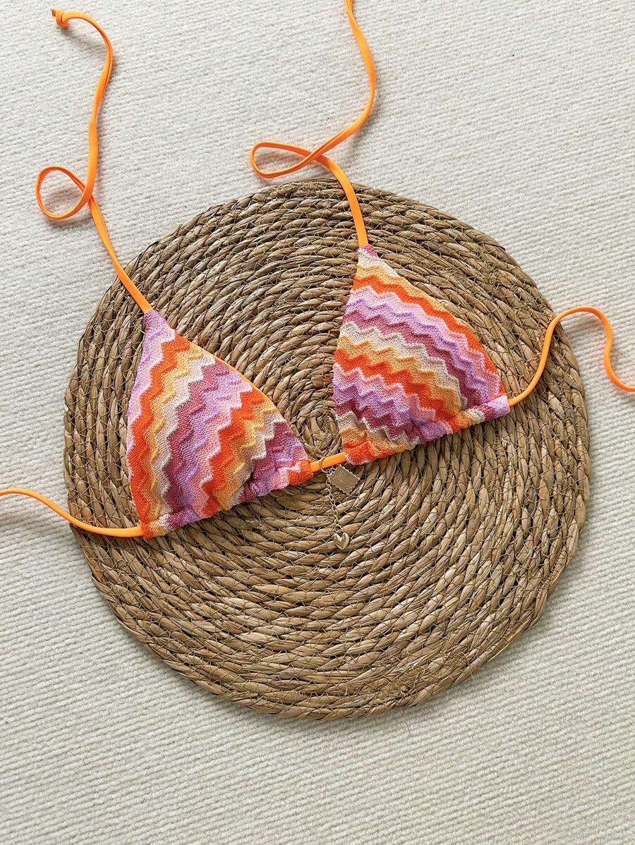 SHEIN Swim Simple Special Fabric Halter Spaghetti Strap Triangle Top Swimwear - Multicolor - View 1