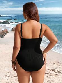Swim Lushoire Plus Size Women Ribbed Simple & Fashionable Vacation Everyday Slimming Cross Back One Piece Swimsuit For Summer - Black - View 2