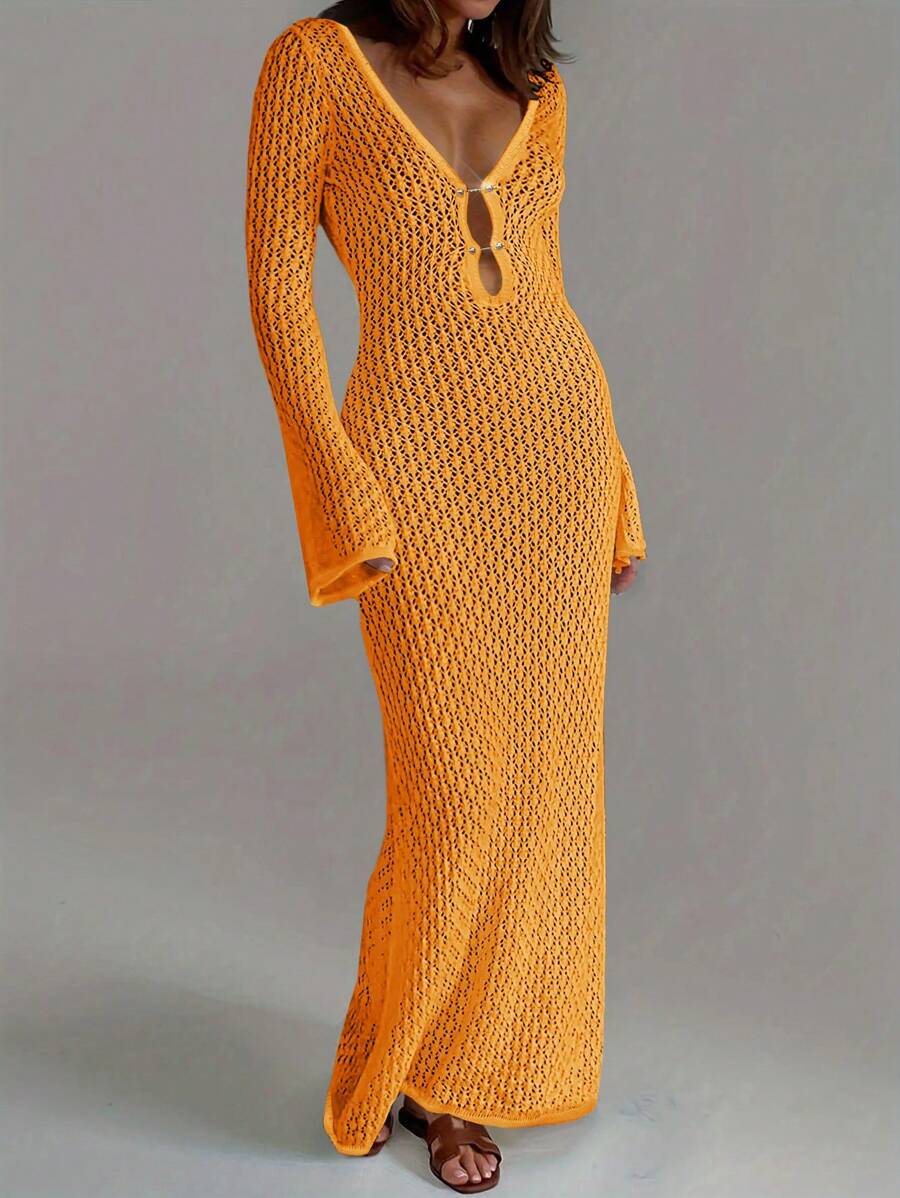 Breezaya 女士纯色深 V 领长袖镂空紧身性感针织连衣裙 - 黃色 - 查看 1