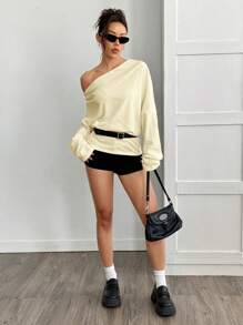 SHEIN EZwear 女士休闲纯色不对称领T恤，毕业季、教师节、返校季 - 杏色 - 查看 6