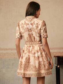 Anewsta Women's Elegant Beige Summer Vintage Floral Print V-Neck Beaded Single-Breasted Cinched Waist A-Line Dress,Tea Party Easter Festival Vacation - Mocha Brown - View 2