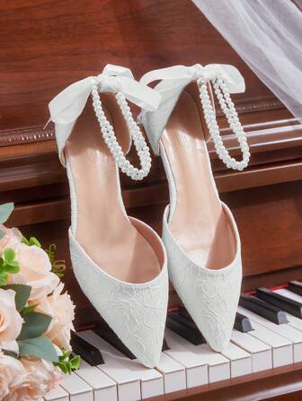 CUCCOO HITCHD White Pearl Bow Lace Flat Shoes, Comfortable Low Heel Elegant Wedding Flat Shoes For Women, Hollow Out Flats