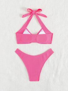 SHEIN Swim 夏季海滩女士纯色吊带胸罩和泳裤比基尼套装泳衣棕色比基尼两件套比基尼 - 粉色 - 查看 2