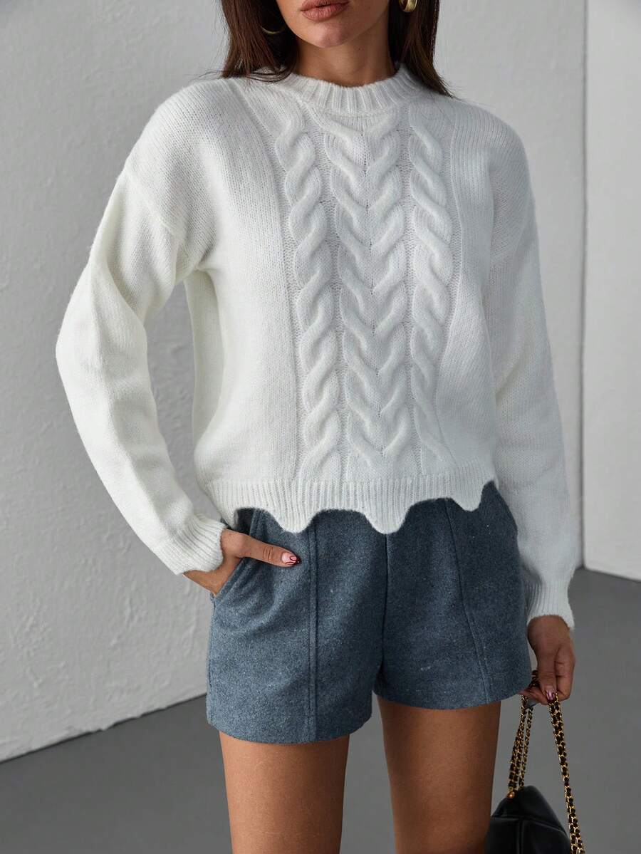 EURMUSE 女士纯色粗针织图案圆领套头衫 - 白色 - 查看 1