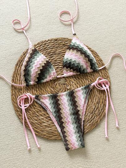 Swim Vcay Colorful Special Fabric Halter Spaghetti Strap Camisole, Tie Side Triangle Swimwear Bottoms, Women Beach Outfit Set For Summer Beach Vacation