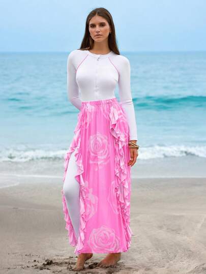 Swim Shayni 女士海滩保守度假长袖长腿拉链网眼花卉印花连衣裙布基尼