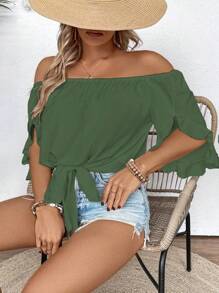 SHEIN LUNE Plus Size Off Shoulder Solid Color Short Sleeve Blouse, Fashionable For Summer - Army Green - View 3