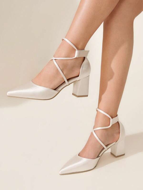 CUCCOO CHICEST Tacones de satén con correa cruzada y punta cuadrada elegante de tacón grueso para mujer, color blanco, adecuados para ocasiones formales, fiestas, trabajo, atuendos versátiles, eventos por la noche