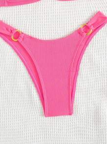 SHEIN Swim 夏季海滩女士纯色吊带胸罩和泳裤比基尼套装泳衣棕色比基尼两件套比基尼 - 粉色 - 查看 6