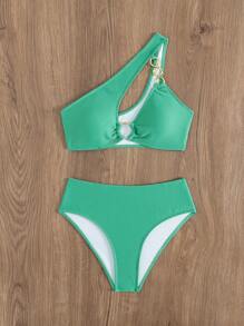 SHEIN Swim Solid Color Bikini Set, Fashion Swimsuit And Swim Shorts, Suitable For Summer - Green - View 5