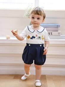 Souflis Baby Boy Infant Animal Embroidery Cute Collar Top And Contrast Shorts 2 Pieces Outfit Set, Suitable For Outdoor Wear In Summer