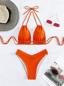 Swim Vcay 2pcs Solid Color Halter Swimsuit Bikini Set For Summer Beach Vacation - Orange - View 4