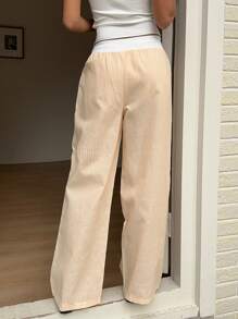 SHEIN EZwear Women's Casual Yellow Striped Long Pants With Pockets: Comfortable Woven Fabric, Perfect For Everyday Wear - Yellow - View 2