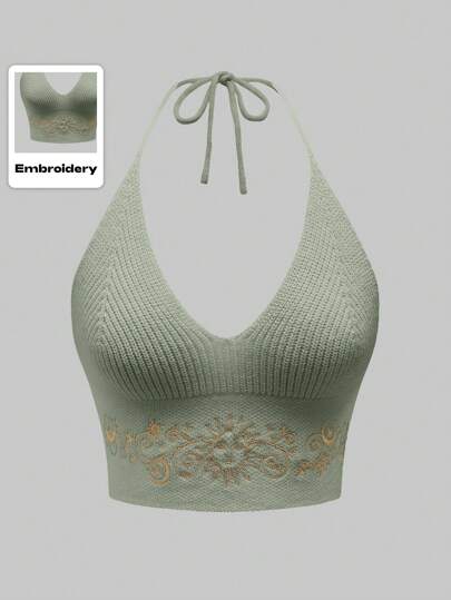 Hippie Women Casual V-Neck Tie-Up Knit Top With Sun Face Embroidery