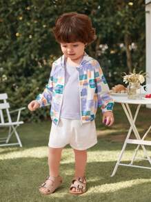 SHEIN Set de 3 piezas para bebé niño: chaleco de punto suave con cuello redondo sin mangas de unicolor, pantalones cortos de cintura elástica, y chaqueta - Multicolor - Ver 1