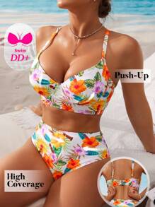 Swim DD+ 2pcs/Set Floral & Plant Random Print Steel Underwire Boost DD+ Plus Size Women's Bikini Set For Summer Beach Vacation - Multicolor - View 3