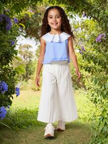 SHEIN 年轻女孩荷叶边领衬衫和阔腿珍珠褶皱裤套装 - 淺藍色 - 查看 1