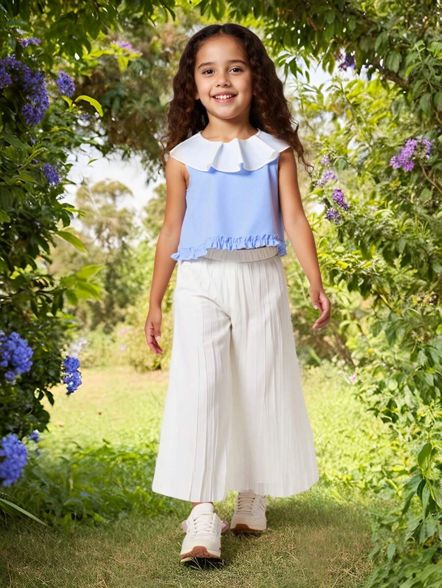 SHEIN 年轻女孩荷叶边领衬衫和阔腿珍珠褶皱裤套装 - 淺藍色 - 查看 1