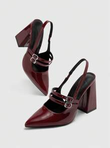 CUCCOO BIZCHIC Burgundy Pointed Toe Thick Heeled Strap Women Casual Shoes, Simple Basic Commute, Date, Party, Holiday For Christmas Spring Shoes - Burgundy - View 9