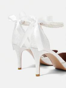 CUCCOO HITCHD Women's Pointed Toe High Heel White Lace Pearl Bow Elegant Dress Pumps, Hollow Out Shoes - White - View 12