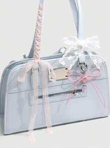 ROMWE Kawaii 3pcs Sweet & Fashionable K-Style Pink Leather Cord Butterfly Wing, Heart & Strawberry Pearl Pendant + 100cm Pink Lace + 50cm White Embroidery Lace Decorative Wrap, DIY Keychain Bag Charm Combo Set, Ideal Gift For Girls & Women - Pink - View 1