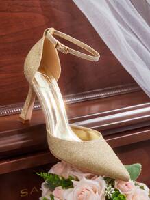 CUCCOO HITCHD 时尚尖头踝带闪光高跟鞋，适合通勤、约会、派对、婚礼和其他场合 - 金色 - 查看 13