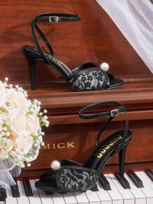CUCCOO HITCHD Sandales à talons hauts élégantes pour femmes avec bride arrière, bout ouvert, talon aiguille, perles et dentelle, pour mariage et soirée - Noir - Voir 3