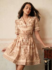 Anewsta Women's Elegant Beige Summer Vintage Floral Print V-Neck Beaded Single-Breasted Cinched Waist A-Line Dress,Tea Party Easter Festival Vacation - Mocha Brown - View 6