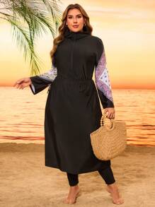 Swim Mulvari Traje de baño de una pieza con pantalón largo, estilo bohemio, de talla grande, con capucha, corte holgado y estilizador, con cremallera y estampado negro, un bañador modesto y de moda para la playa y resort