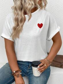 INAWLY Plus Size Summer Casual Heart Embroidery Flare Sleeve T-Shirt - White - View 6