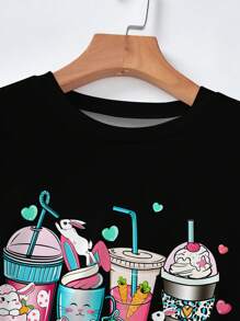 Mulvari Camiseta de mujer de cuello redondo de manga corta, versátil y casual, con estampado gráfico de bebida fresca, en color negro, adecuada para Pascua, uso diario, salidas, citas, ocio, fiestas y vacaciones. Parte superior de primavera, primavera/verano