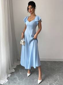 Chiquease 2025 New Spring/Summer Blue Cap Sleeve French Niche Stylish Sweetheart Neck Fitted Slim Dress, Suitable For Date, Vacation