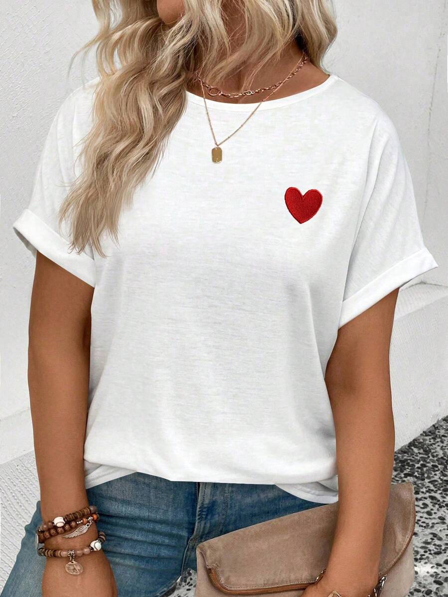 INAWLY Plus Size Summer Casual Heart Embroidery Flare Sleeve T-Shirt - White - View 1