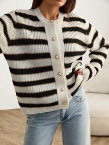 EURMUSE Women Stripe Pattern Front Button Knit Cardigan,Cardigans,Long Cardigans Woman,Petite,Tall - Multicolor - View 7