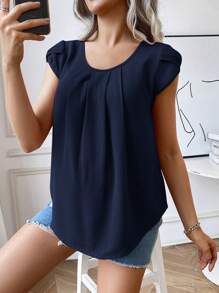 SHEIN Maternity Casual Solid Color Pleat Petal Sleeve Shirt, Summer - Blue - View 5