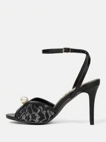 CUCCOO HITCHD Sandales à talons hauts élégantes pour femmes avec bride arrière, bout ouvert, talon aiguille, perles et dentelle, pour mariage et soirée - Noir - Voir 4