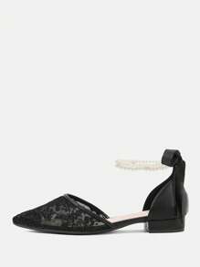 CUCCOO HITCHD Black Pearl Bow Lace Mesh Women's Flat Shoes, Low Heel, Comfortable, Elegant For Wedding And Party - Black - View 4
