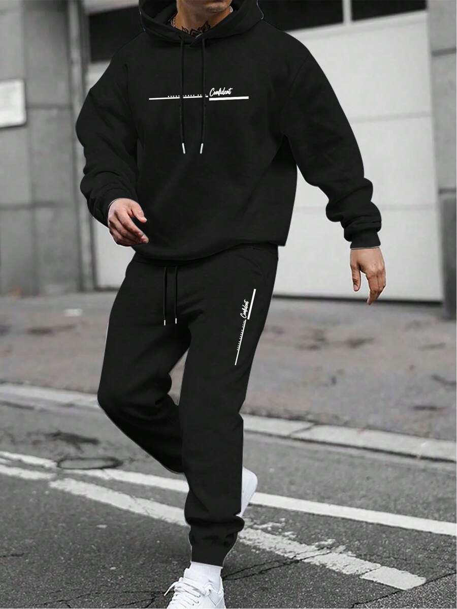 Manfinity Homme 2pcs Men's Hooded Sweatshirt And Pants Set, Fashionable For Summer - Black - View 1