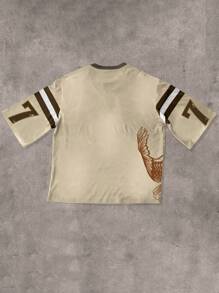 SHEIN Manfinity Dauomo 男士休闲字母印花圆领短袖T恤，夏季 - 卡其色 - 查看 2