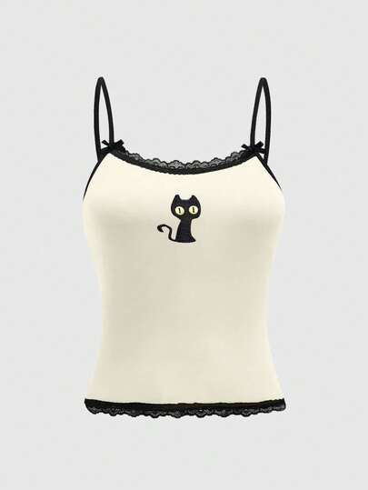 Hippie Top de tirantes a rayas con bordado de bruja y gato negro