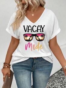 INAWLY New Plus Size Women's Fashion Floral Print V-Neck Short Sleeve Casual T-Shirt - White - View 4