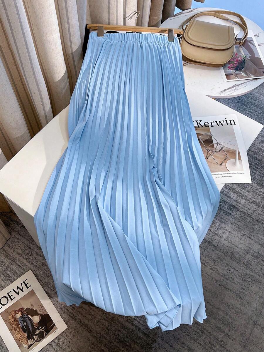 Franclia Elegant High Waist Pleated Solid Color Long Skirt For Women