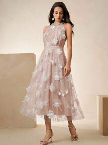 Anewsta 3D 花卉网眼水钻装饰束腰无袖花裙，适合参加派对、婚礼、节日、外出、度假装，女士夏季 - 粉色 - 查看 4