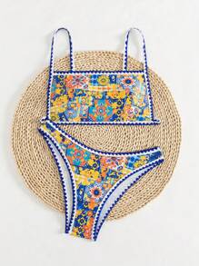 Swim Vcay Set de bikini de 2 piezas con estampado floral de conchas y tiras en los hombros para mujer, parte superior con nudo adelante y Bottom triangular, traje de baño de verano para la playa - Multicolor - Ver 6