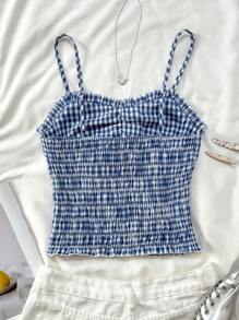 SHEIN TEENGIRL Summer Blue Plaid Casual Fitted Camisole Tank Top - Blue and White - View 2