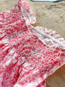 少女休闲优雅度假花卉印花扭结吊带背心，粉色，适合度假出游，春夏季