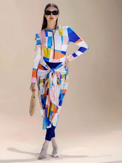 Swim Shayni Conjunto de 3 piezas Springbreak Mulvari para mujeres de Oriente Medio, traje de baño de una pieza con estampado de parches y cuadros con cremallera, pantalones de unicolor y falda de malla con lazo en la cintura para la playa