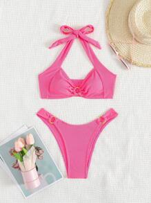 SHEIN Swim 夏季海滩女士纯色吊带胸罩和泳裤比基尼套装泳衣棕色比基尼两件套比基尼 - 粉色 - 查看 5