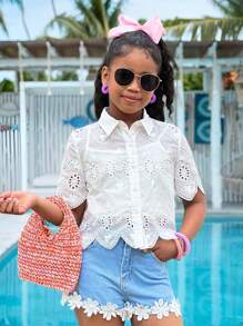 SHEIN LMoss Kids 少女度假休闲刺绣短袖衬衫 - 白色 - 查看 2