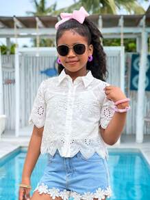 SHEIN LMoss Kids 少女度假休闲刺绣短袖衬衫 - 白色 - 查看 4